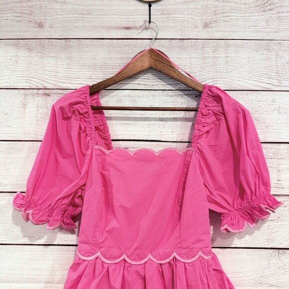English Factory Scallop Tiered Pink Dress Size Medium Puff Sleeve Open Back Midi - Picture 4 of 12
